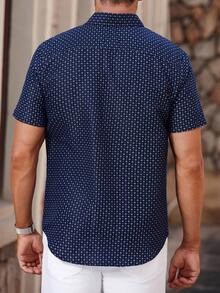 Manfinity Homme Áo sơ mi nam tay ngắn họa tiết hình học thường ngày, mùa hè, dành cho chồng, công sở, đi chơi - Màu xanh hải quân - Xem 2
