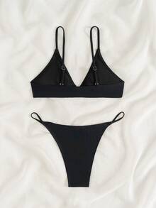 Swim Basics 夏日沙灘環狀鏈條T字泳裝 - 黑色 - 查看 6