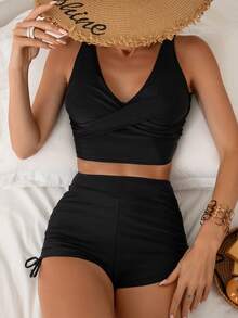 Swim Lushoire Summer Beach Solid Color Vest Style Bikini Set