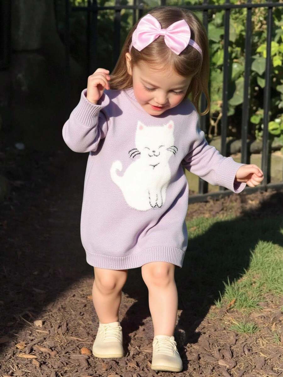 SHEIN Vintaside Kids 女婴可爱猫咪图案长袖针织毛衣裙,适合春秋冬 - 淺灰色 - 查看 1