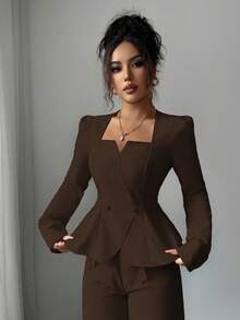 Elenzga 女款素色竹纖針織方領收腰上衣 - 咖啡棕 - 查看 7