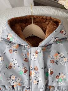 SHEIN 女童花卉印花泰迪熊内衬抽绳连帽棉服外套、保暖内衬加厚棉服外套、舒适合身拉链棉服外套 - 彩色 - 查看 4