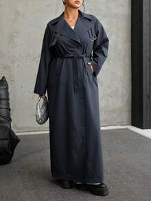 SHEIN EZwear 大码双排扣长袖休闲风衣 - 深灰色 - 查看 5