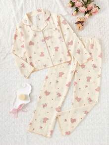 女学生睡衣，女孩可爱樱桃印花长裤和长袖休闲两件套睡衣套装 - 杏色 - 查看 6