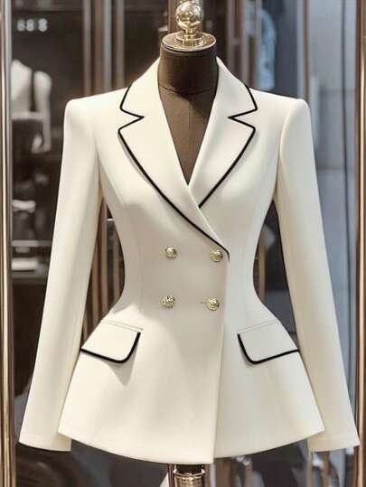Franclia Commuter Chic Versatile Cinched Waist Double-Breasted Metal Button Contrast Black Trim Khaki Women's Blazer Jacket, Elegant Outerwear For Spring/Autumn, Women's Business Casual Clothing, Beautiful Women's Suit Jacket