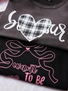 SHEIN Ensemble pour enfants de 4 pièces - Pyjama à carreaux noir, gris, rose. Design imprimé de cœur et de lettres anglaises. Top à col rond en tricot doux et confortable, pantalon. Ensemble de style réseaux sociaux, académique, idéal pour le printemps, l'été, l'automne et l'hiver. Ensemble essentiel pour les filles préadolescentes à la maison. - Multicolore - Voir 6