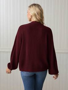 LanaWest White Lantern Sleeve Button Front Ribbed Loose Knit Cardigan, Spring/Summer - Burgundy - View 2