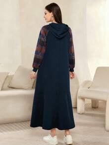 Modelyn Cute Bear Graphic Print Fashionable Hooded Plaid Raglan Long Sleeve Women's Maxi Dress, Spring/Autumn