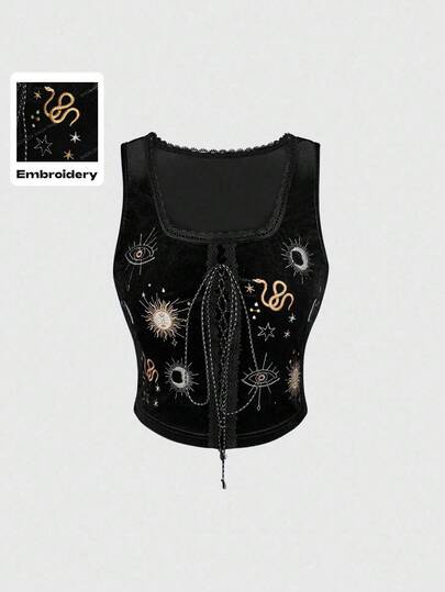 EDITION Women's Witch Day Moon & Star Embroidered Velvet All-Match Fitted Tank Top