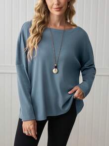 LanaWest Women's Loose Waffle Knit Off-Shoulder Batwing Sleeve T-Shirt, Green, Autumn - Blue - View 4