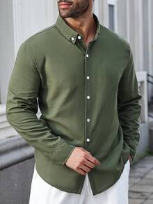 Manfinity Homme Plus Size Men's Casual Loose Fit Versatile Long Sleeve Shirt, For Fall Mens Button Down Men Shirts Khaki - Army Green - View 3