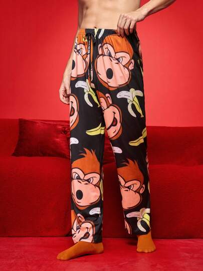 Notgurli Comfortable Milk Silk Hamburger Print Men's Lounge Pants Cartoon Monkey Loungewear Bottom, For Fall & Winter