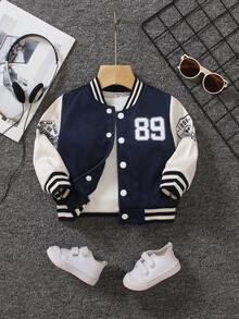 SHEIN 1pc Baby Boy 6M-3T Casual Contrast Color Digit & Letter Print Long Sleeve Jacket, Versatile & Fashionable, Suitable For Daily - Navy Blue - View 3