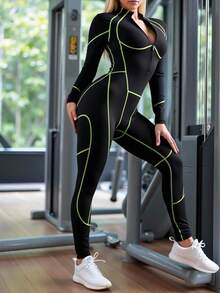 Innovista Women's Contrast Stitching Slim Fit Jumpsuit Cycling Outfit Woman Contract Detail Workout Jumpsuit With Built-In Bra Removable Pads Zip Up Two Tone Athletic Stretchy Yoga Gym Romper One Piece Exercise Suit Breathable Fall Sports Bodysuit - Black - View 2