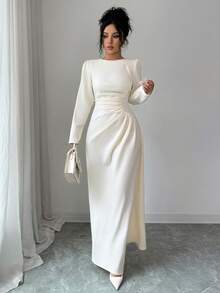 Elenzga Women's Elegant Romantic French Style Ruched Waist Long Sleeve Dress, Suitable For Commute, Vacation, Afternoon Tea - Apricot - View 5