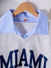 Felpa a maniche lunghe con colletto, a righe e con stampa di lettere, in stile scolastico di moda, per ragazze pre-adolescenti, in stile patchwork a maglia, adatta per primavera e autunno - Grigio - Visualizzare 6