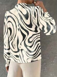 SHEIN LUNE Women's Graphic Geometric Abstract Print Fashion Long Sleeve High Collar Regular Blouse, Everyday Wear