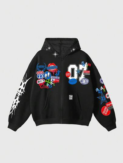 Street Life Men's Loose Cropped Preppy Sweatshirt With Shiny Sequin Decor, Streetwear