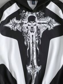 ROMWE MEN Street Life Áo hoodie nam dài tay, dáng rộng, họa tiết đầu lâu và chữ thập, kiểu dáng patchwork. - Đen và trắng - Xem 3