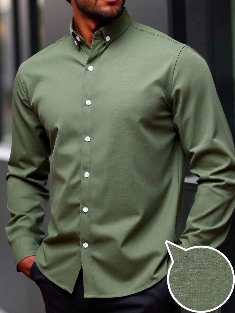 Manfinity Homme Plus Size Men's Casual Loose Fit Versatile Long Sleeve Shirt, For Fall Mens Button Down Men Shirts Khaki - Army Green - View 1