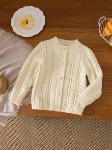 SHEIN Baby Girls Cute Cream White Twist Knit Cardigan,Soft Comfortable Simple Autumn Floral Pattern Sweater For Daily,Outdoor & Family Matching,Christmas - Apricot - View 12