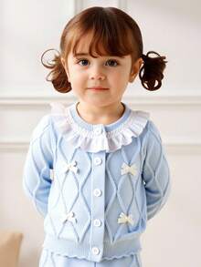 SHEIN 女婴休闲时尚可爱蓝色针织长袖开衫和针织阔腿长裤两件套。柔软舒适，适合日常穿着和旅行。 - 淺藍色 - 查看 5