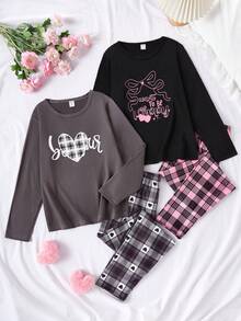 SHEIN Ensemble pour enfants de 4 pièces - Pyjama à carreaux noir, gris, rose. Design imprimé de cœur et de lettres anglaises. Top à col rond en tricot doux et confortable, pantalon. Ensemble de style réseaux sociaux, académique, idéal pour le printemps, l'été, l'automne et l'hiver. Ensemble essentiel pour les filles préadolescentes à la maison. - Multicolore - Voir 3
