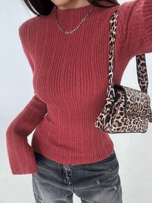 SHEIN Unity 女士纯色喇叭袖毛衣，修身休闲套头衫，适合日常穿着，秋冬季针织衫