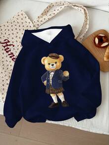 Sudadera holgada de manga larga, cómoda y suave, con estampado gráfico de oso en estilo universitario retro, de color azul marino clásico, adecuada para el uso diario, el estilo callejero y la temporada de otoño/invierno, para niñas preadolescentes - Multicolor - Ver 3