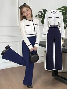 Serisse Kids Conjunto de 2 piezas de top de manga larga con cuello redondo y pantalones rectos informales para niñas preadolescentes con bloques de color, adecuado para citas, fiestas, vuelta al colegio, otoño/invierno