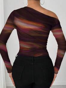 Elenzga 25-30+ Casual Autumn Tie Dye Print Ruffle Shoulder Long Sleeve Elegant Women T-Shirt - Orange - View 2