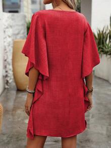 EMERY ROSE Váy ngắn cổ chữ V màu trơn thanh lịch thời trang dành cho nữ - Đỏ - Xem 2