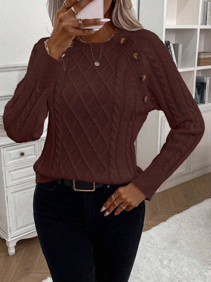 EMERY ROSE Áo len dệt kim họa tiết kim cương cổ tròn tay raglan đơn sắc thường ngày dành cho nữ - Màu nâu Sô-cô-la - Xem 1