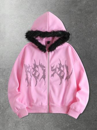 Street Life Sweat-shirt-shirt à capuche avec col en peluche et strass brillants pour hommes