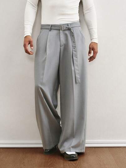 TOKVUE Men's Casual Everyday Commute Simple Solid Color Buckle Belted Seam Front Loose Wide Leg Pants, Men Pleated Suit Pants, Grey Pants, Men Wide Leg Pants