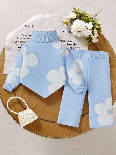 SHEIN Vintaside Kids 2pcs Baby Girls Casual Cute Yellow Floral Pattern Knitted Turtleneck Sweater + Wide Leg Knit Pants Set, Soft & Comfortable Suitable For Daily, Outing, Travel, Vacation, Home, Daycare, And Baby Girl Play Baby Set Autumn Winter Season Toddler Two Piece Sets Baby Blue Knitted Outfit Baby Girl Sweaters Set Babygirl Blue Outfit