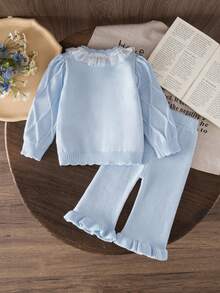 SHEIN 女婴休闲时尚可爱蓝色针织长袖开衫和针织阔腿长裤两件套。柔软舒适，适合日常穿着和旅行。 - 淺藍色 - 查看 3