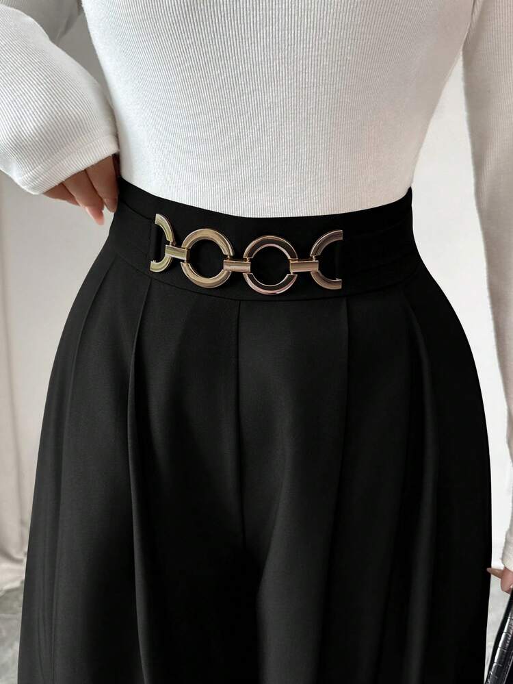 SHEIN Elenzya Novas Calças Elegantes Casuais de Cintura Alta com Zíper Lateral, Decoração de Botão e Perna Flare para Mulheres, Primavera/Outono - Preto - Visão 4