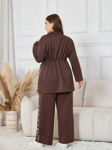 Modelyn Women's Fashion Leopard Print Patchwork Waist Cinched Long Pants, Versatile Two Pieces Set For Everyday Wear, Plus Size, Autumn/Winter