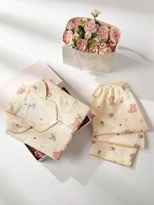 女学生睡衣，女孩可爱樱桃印花长裤和长袖休闲两件套睡衣套装 - 杏色 - 查看 3