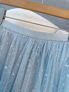 Rometta 大码女式纯色弹力腰 A 字裙，带亮片和浪漫网眼，优雅适合俱乐部派对 - 淺藍色 - 查看 4