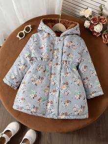 SHEIN 女童花卉印花泰迪熊内衬抽绳连帽棉服外套、保暖内衬加厚棉服外套、舒适合身拉链棉服外套 - 彩色 - 查看 5