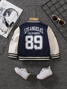 SHEIN 1pc Baby Boy 6M-3T Casual Contrast Color Digit & Letter Print Long Sleeve Jacket, Versatile & Fashionable, Suitable For Daily - Navy Blue - View 2