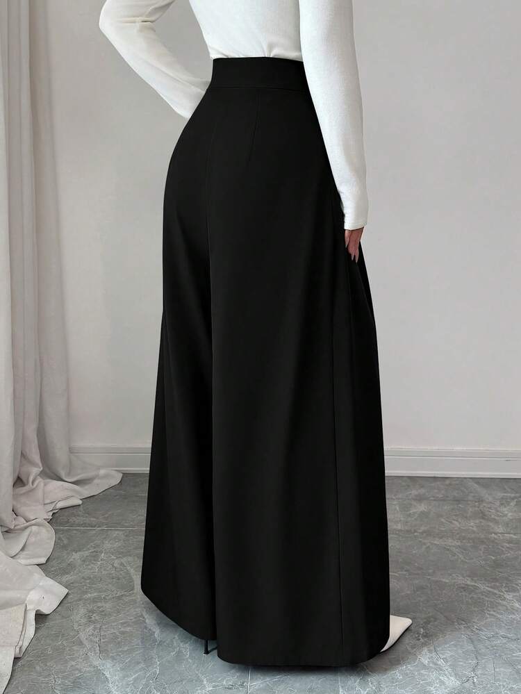 SHEIN Elenzya Novas Calças Elegantes Casuais de Cintura Alta com Zíper Lateral, Decoração de Botão e Perna Flare para Mulheres, Primavera/Outono - Preto - Visão 2