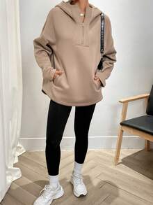 EMERY ROSE Plus Size Khaki Long Sleeve Fashionable Versatile Half-Zip Sweatshirt - Coffee Brown - View 4