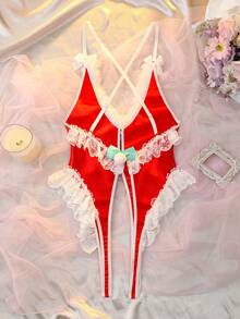 DelicateAllure Christmas Backless, Criss-Cross Strap, Open Crotch, Fluffy Trim, Plush, Bow Tie, Ruffle Edge Christmas Gift, Romantic, Sweet, Pure, Cute Coquette Babydoll Bodysuit, Women's Lingerie Costume