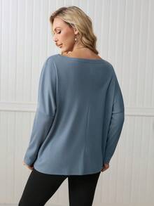 LanaWest Women's Loose Waffle Knit Off-Shoulder Batwing Sleeve T-Shirt, Green, Autumn - Blue - View 2