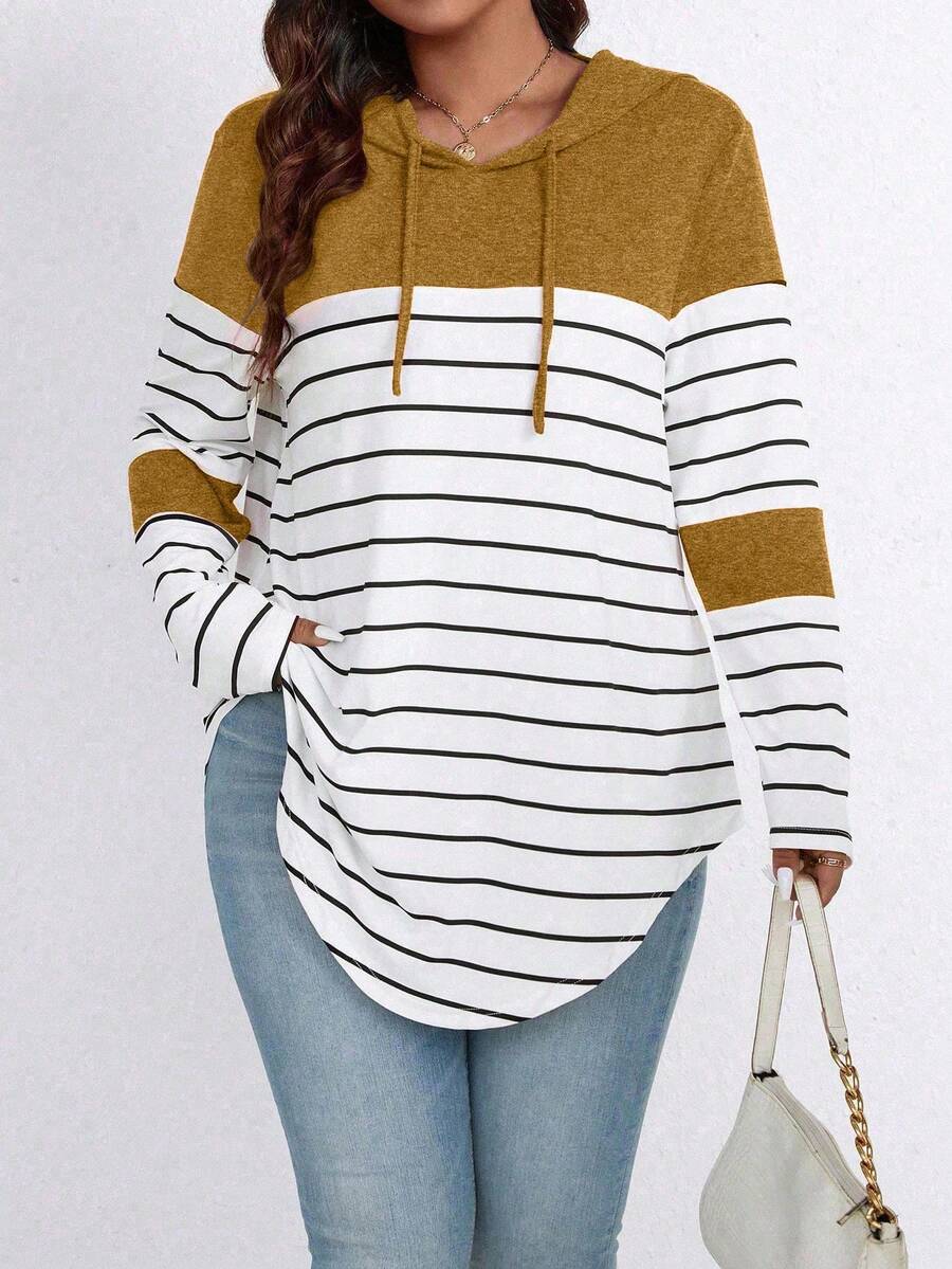 EMERY ROSE Camiseta de manga larga con capucha, bloques de color y rayas, con cordón, gráfica, para mujer, tallas grandes, para primavera - Amarillo - Ver 1