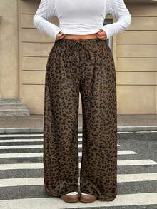 SHEIN EZwear Pantalones rectos de talla grande para mujer con estampado de leopardo, con lazo en la cintura, casuales y sueltos, para invierno - Marrón Chocolate - Ver 1