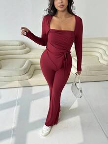 SHEIN EZwear 秋冬天鹅领不对称褶饰长袖 T 恤搭配喇叭裤两件套，酒红色，弹力针织，休闲外出、约会、日常穿着、派对、返校、通勤，加大码 - 酒紅色 - 查看 5